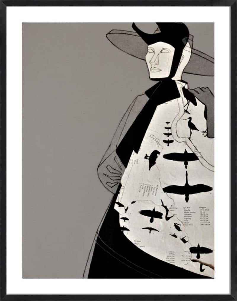 Lady with birds - 5cm White Border Box Black