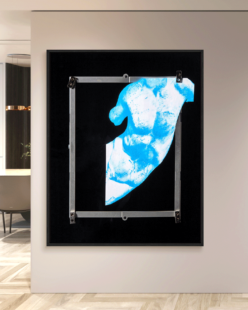gif of multiple bold design artworks on one interior wall.