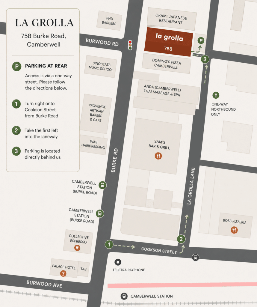map showing rear parking access for la grolla at 758 burke road camberwell via cookson street